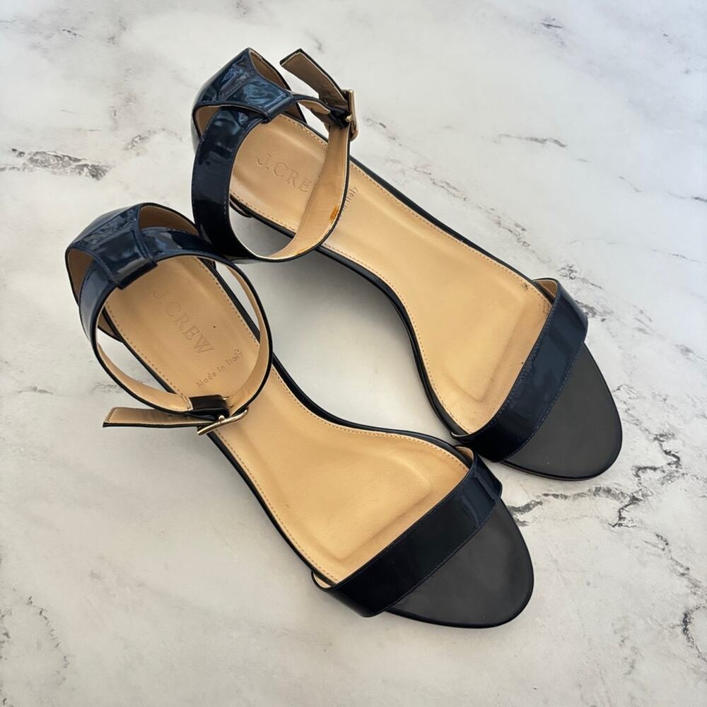 J. Crew Lillian Patent Low Wedge Sandals, Size 11 in Blue Sea